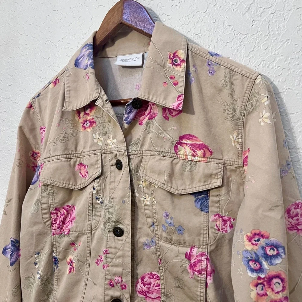 Liz Claiborne Tan Floral Denim Trucker Jacket‎ Boxy VintageCotton Womens Medium